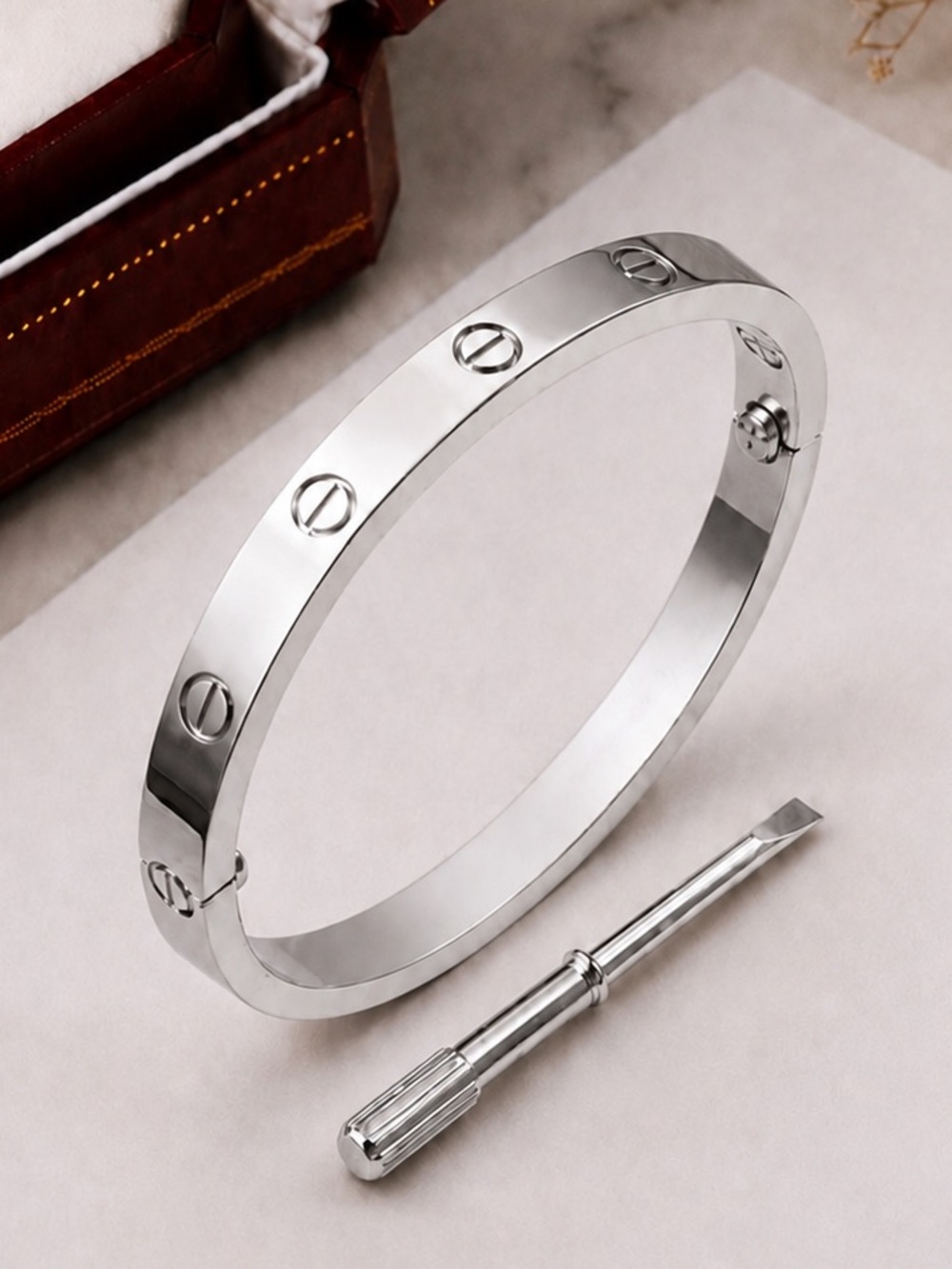 Stamped Platinum Love Bangle Bracelet No Stones Waterproof Tarnish Resistant